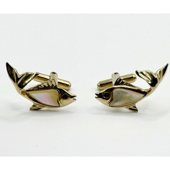 Vintage Gold-tone Fish Cufflinks Mother of Pearl Red Crystal Eyes - Picture 1 of 4